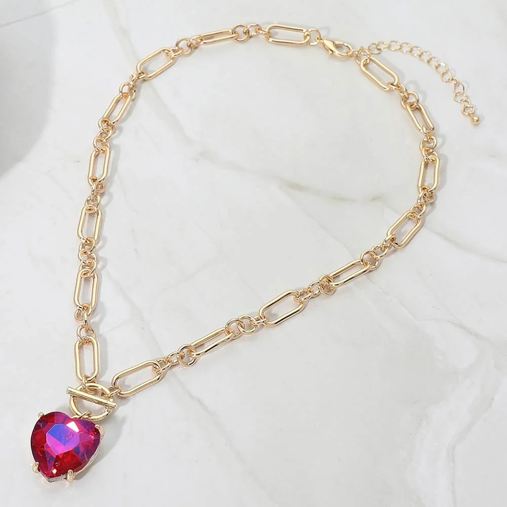 Ab Fuchsia Heart Toggle Paperclip Link Crystal Pendant Necklace Jewelry Chain